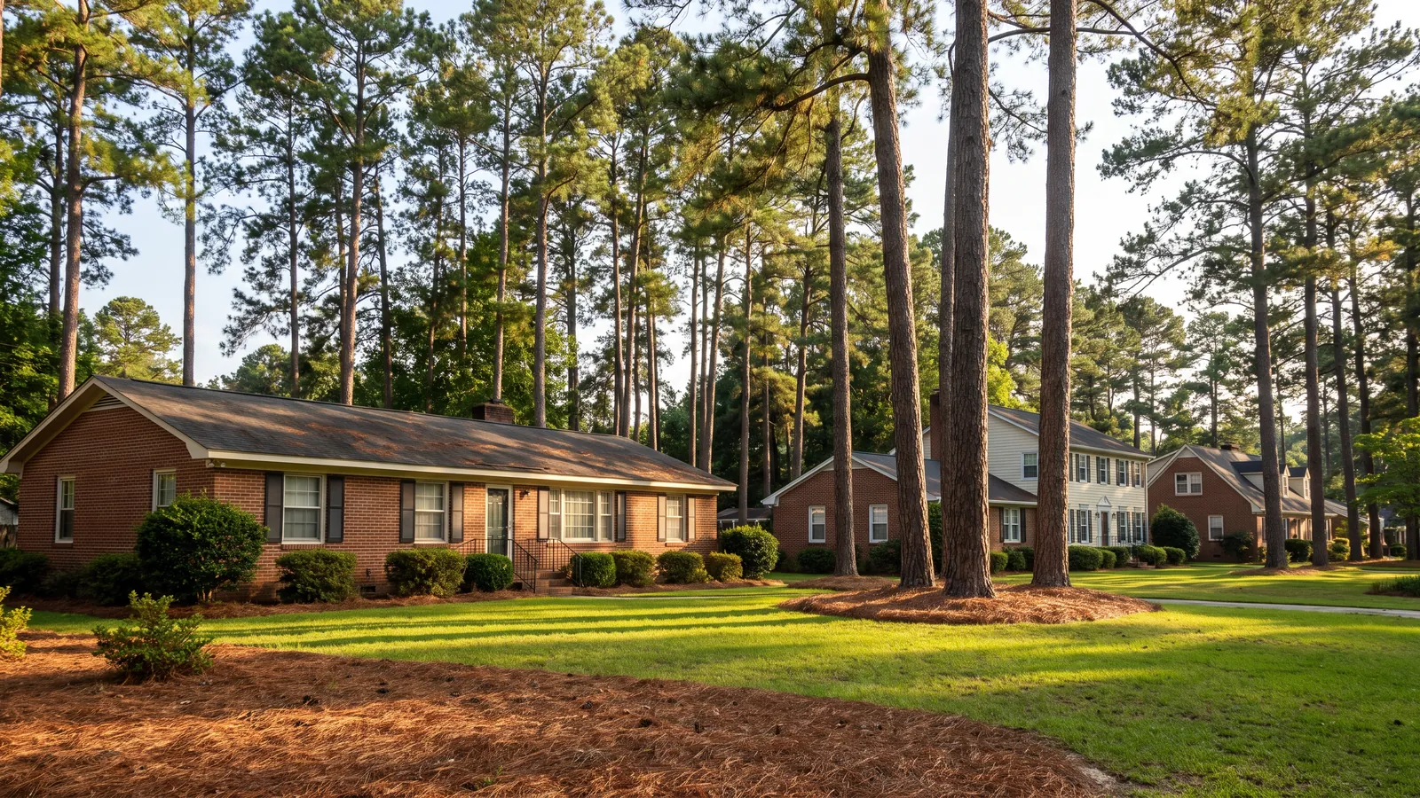 Neighborhood street in Fayetteville, North Carolina with brick ranch and two-story homes under tall longleaf pines