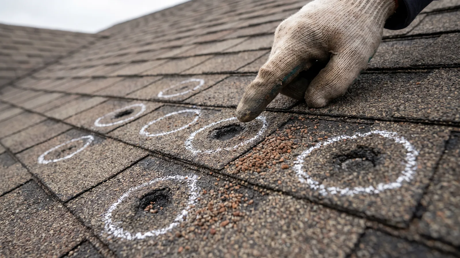 Close-up of asphalt shingles with dark bruised hail hits circled in white chalk during a roof inspection