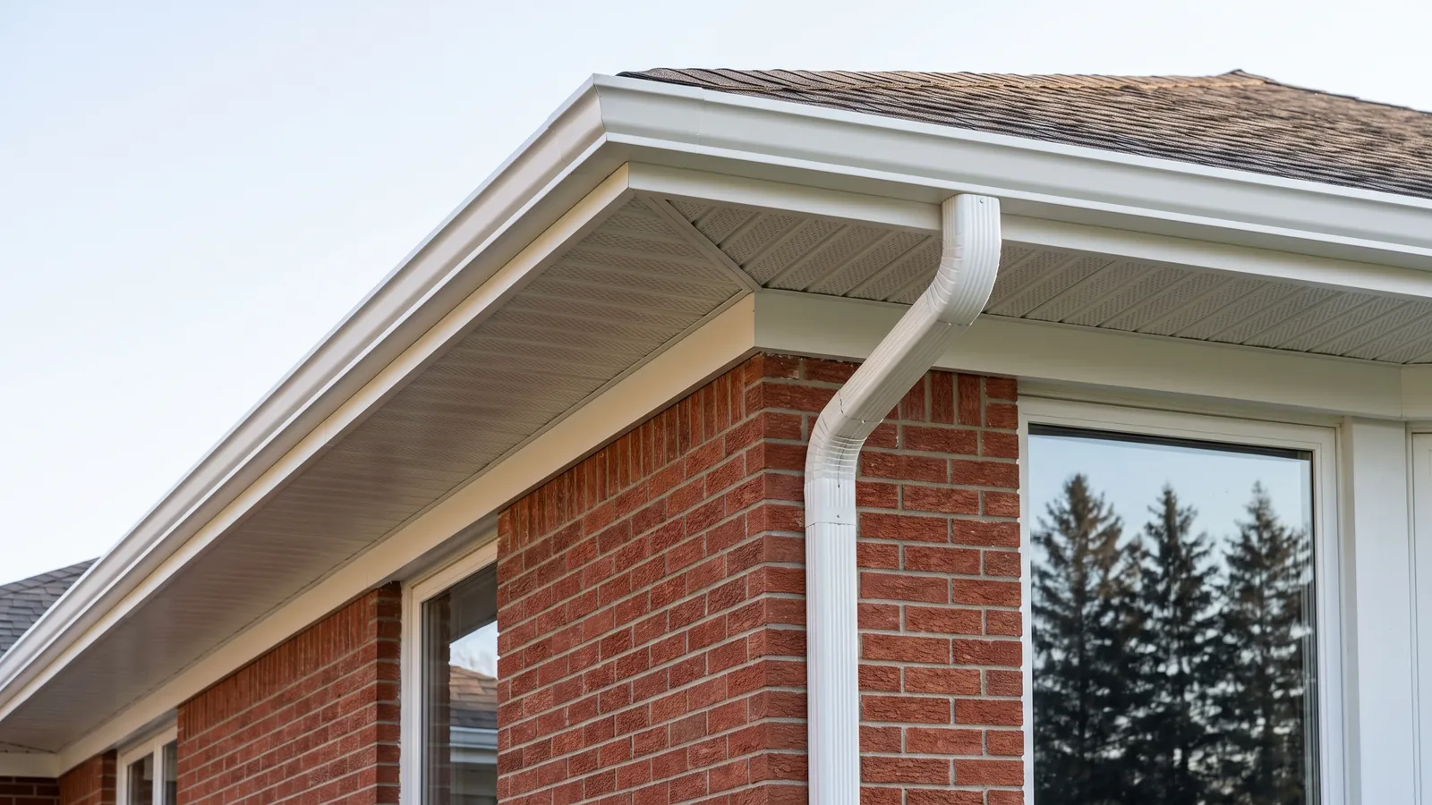 New seamless aluminum gutters, fascia wrap and vented soffit along the eave of a brick ranch home